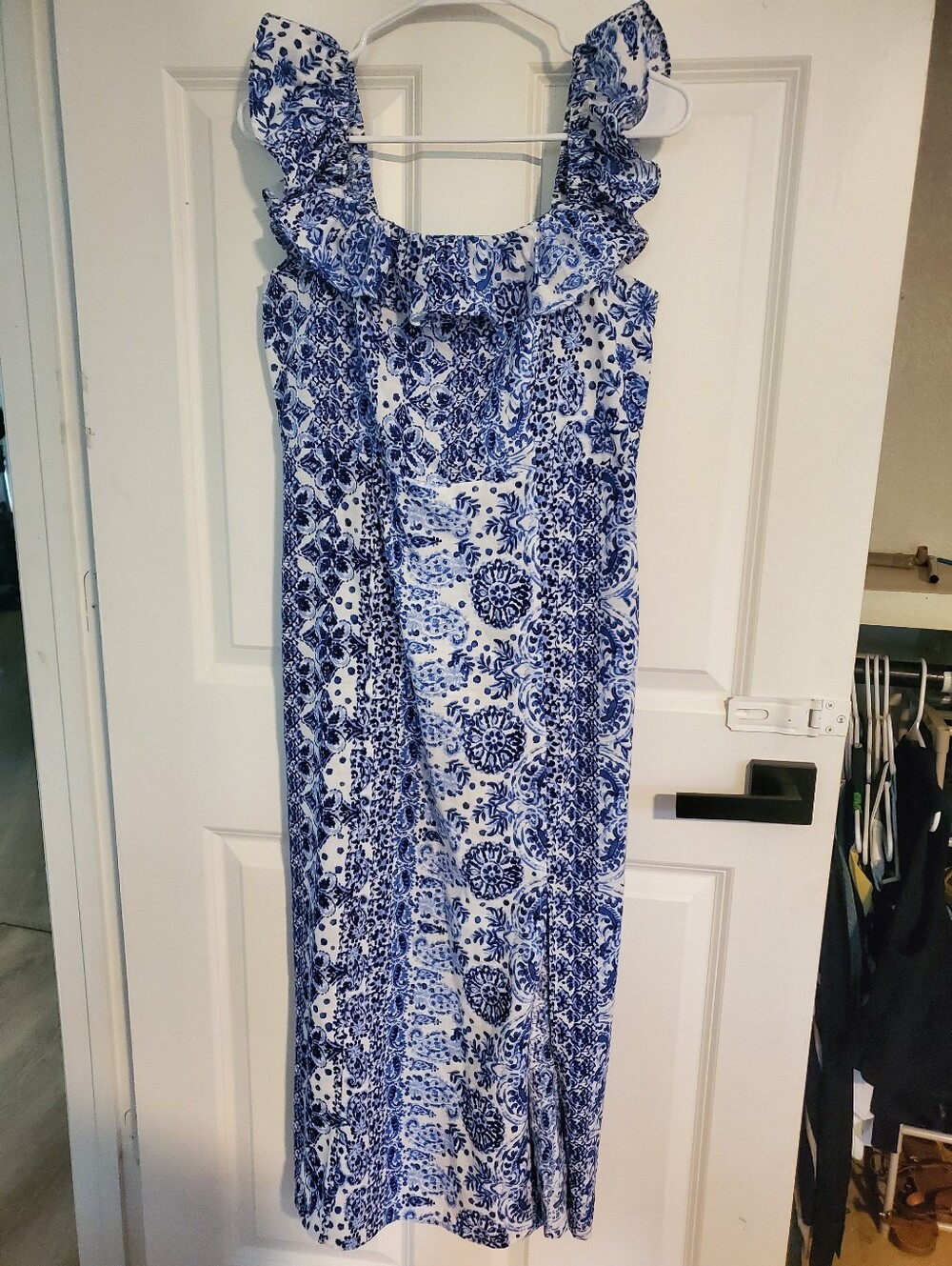 Emma & Michele Blue and White Floral Ruffle-Shoulder Maxi Dress